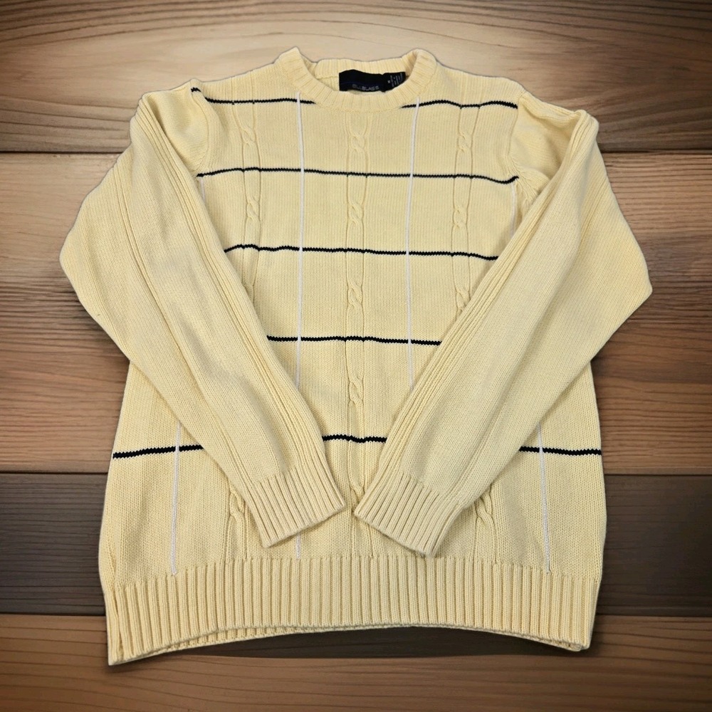 Bill Blass Cable Knit Sweater Womens M Yellow Striped Long Sleeve Pullover